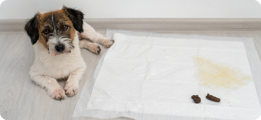 Perro recostado fuera de su tapete de entrenamiento después de hacer sus necesidades